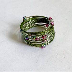 Y2K Green Coil Wire Multicolor Beaded Ring 90s Adjustable Boho Stack Lisa Frank